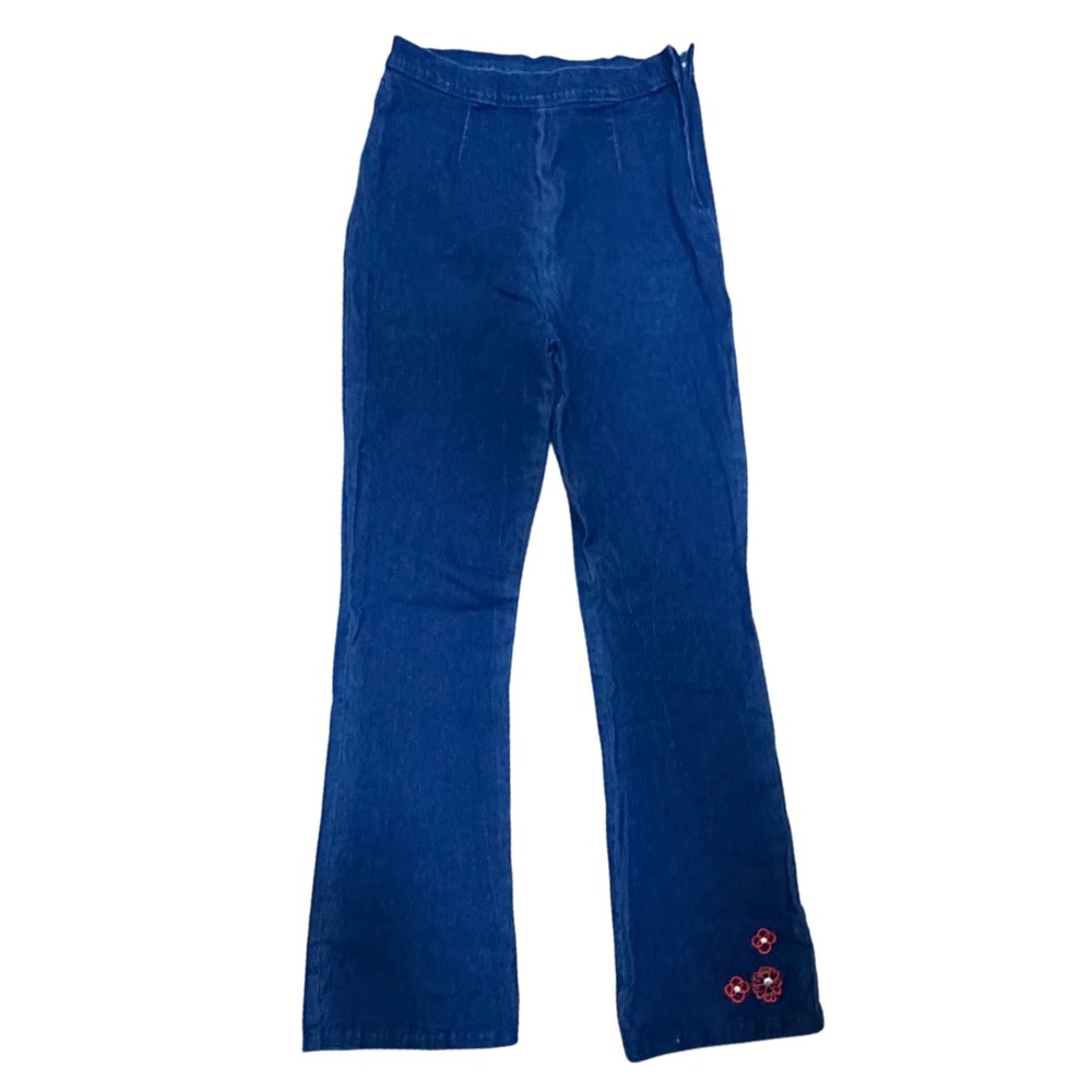 Vintage‎ You Babes Kids Bell Bottom Jeans Dark Wash Embroidered Flowers Size 16